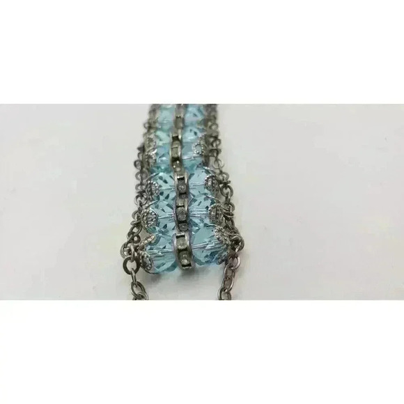 Vintage Ladder Bracelet 925 Sterling Silver Blue Crystal Clear Rhinestone Wide - Picture 3 of 12